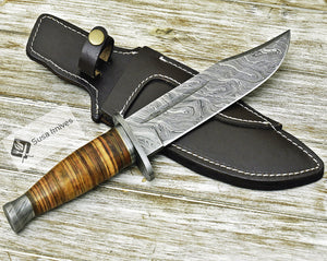 DAMASCUS STEEL BOWIE KNIFE, 12", DAMASCUS STEEL TRAILING POINT BOWIE KNIFE, STACKED LEATHER HANDLE, DAMASCUS GUARD & POMMEL, FIXED BLADE, FULL TANG - SUSA KNIVES