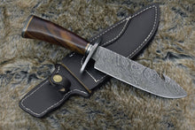 Load image into Gallery viewer, DAMASCUS STEEL BOWIE KNIFE, 12.0&quot;, DAMASCUS STEEL DROP POINT GUT HOOK BLADE, HIGHLY FIGURED BOLIVIAN ROSE WOOD HANDLE, DAMASCUS GUARD, FIXED BLADE, FULL TANG, HAND STITCHED LEATHER SHEATH - SUSA KNIVES
