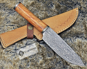 DAMASCUS STEEL PRO CHEF KNIFE, 10.5", DAMASCUS STEEL BLADE, EXOTIC RED MERANTI WOOD HANDLE, CUSTOM FULL TANG FIXED BLADE CHEF'S KNIFE - SUSA KNIVES