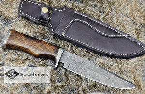 DAMASCUS KNIFE, DAMASCUS STEEL CLASSIC BOWIE KNIFE, 12", DAMASCUS STEEL CLIP POINT BLADE, WALNUT WOOD HANDLE, DAMASCUS GUARD & POMMEL, FIXED BLADE, FULL TANG - SUSA KNIVES
