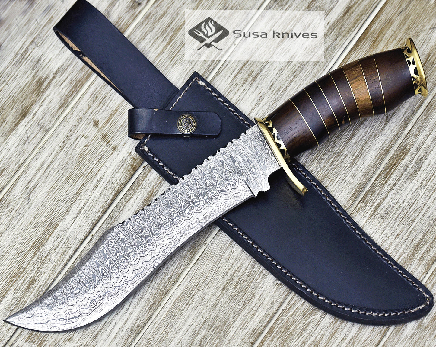 DAMASCUS KNIFE, DAMASCUS STEEL KNIFE, 14", DAMASCUS STEEL TRAILING POINT BLADE, WALNUT WOOD INLAY HANDLE - SUSA KNIVES
