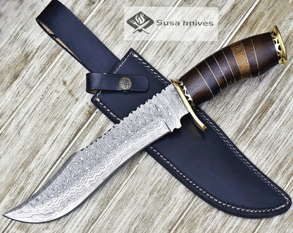 DAMASCUS KNIFE, DAMASCUS STEEL KNIFE, 14", DAMASCUS STEEL TRAILING POINT BLADE, WALNUT WOOD INLAY HANDLE - SUSA KNIVES