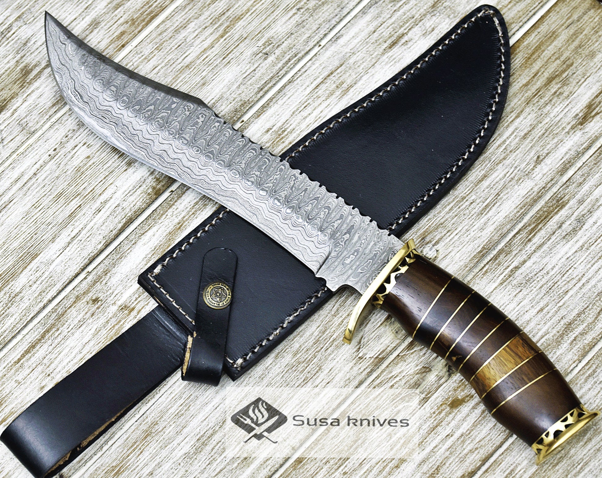 DAMASCUS KNIFE, DAMASCUS STEEL KNIFE, 14", DAMASCUS STEEL TRAILING POINT BLADE, WALNUT WOOD INLAY HANDLE - SUSA KNIVES