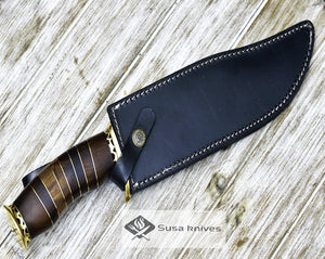 DAMASCUS KNIFE, DAMASCUS STEEL KNIFE, 14", DAMASCUS STEEL TRAILING POINT BLADE, WALNUT WOOD INLAY HANDLE - SUSA KNIVES