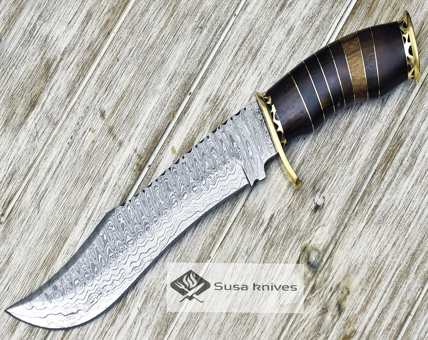 DAMASCUS KNIFE, DAMASCUS STEEL KNIFE, 14", DAMASCUS STEEL TRAILING POINT BLADE, WALNUT WOOD INLAY HANDLE - SUSA KNIVES