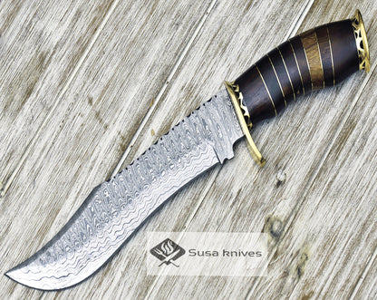 DAMASCUS KNIFE, DAMASCUS STEEL KNIFE, 14", DAMASCUS STEEL TRAILING POINT BLADE, WALNUT WOOD INLAY HANDLE - SUSA KNIVES