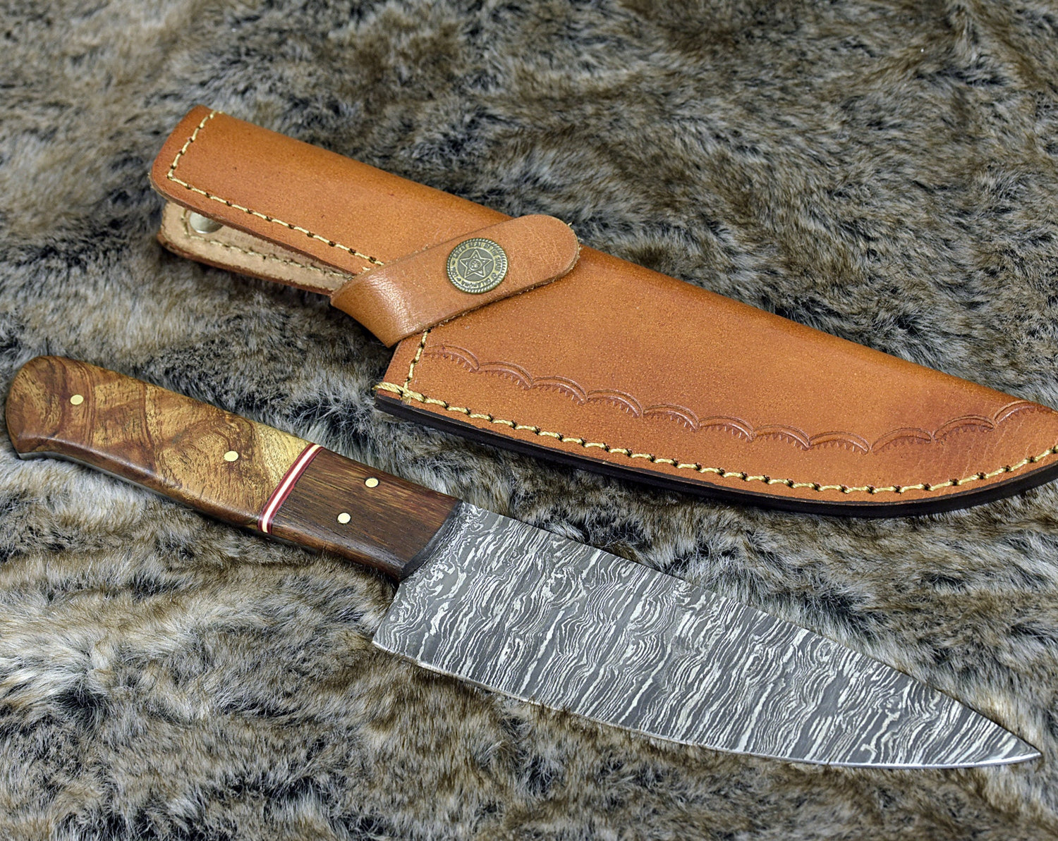 DAMASCUS STEEL PRO CHEF KNIFE, 10.5", DAMASCUS STEEL FRENCH BLADE, EXOTIC MANGO BURL WOOD HANDLE, MOSAIC PIN, CUSTOM FULL TANG FIXED BLADE CHEF'S KNIFE - SUSA KNIVES