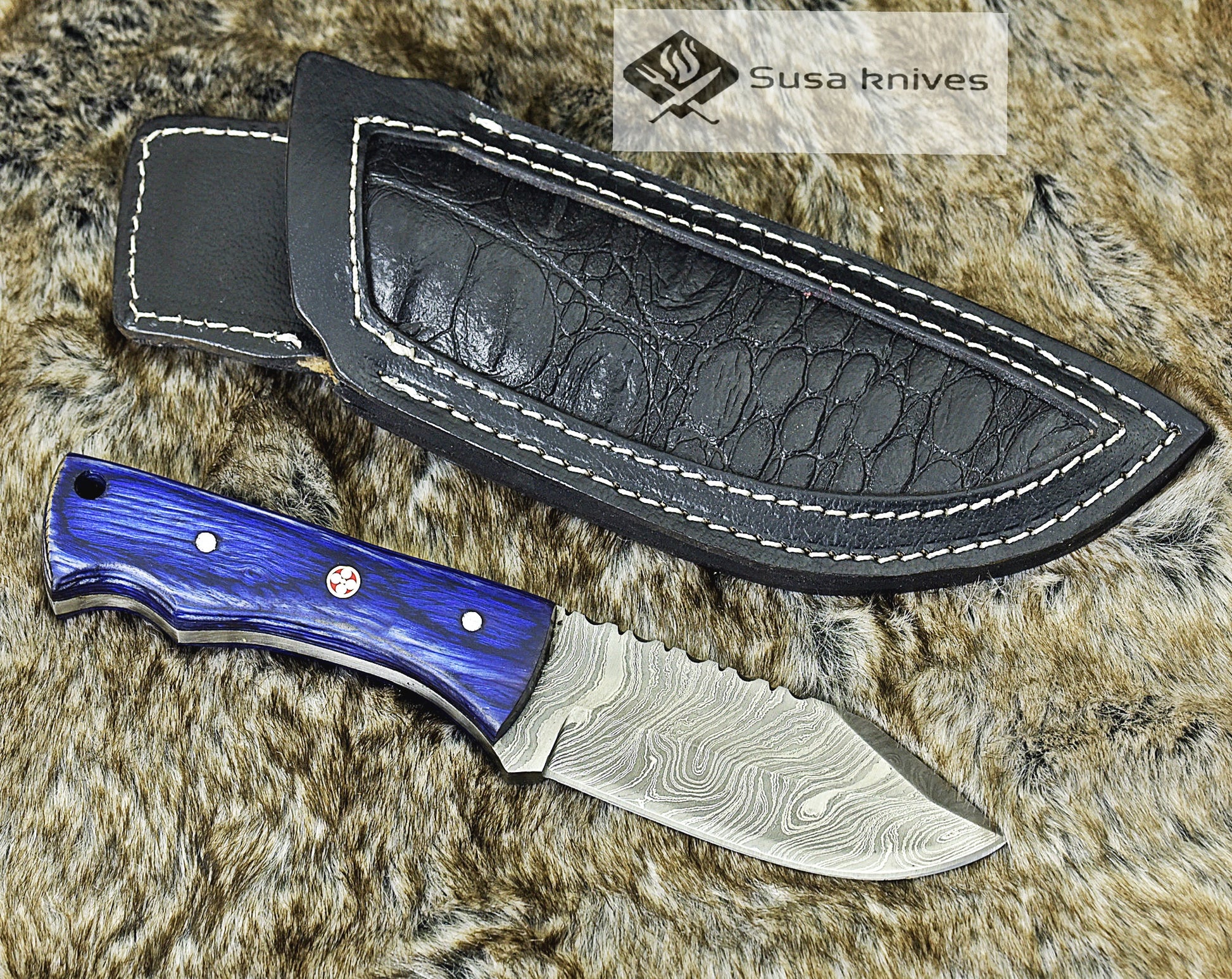 DAMASCUS STEEL SKINNING KNIFE, 8", DAMASCUS STEEL CLIP POINT BLADE, PEKKAWOOD HANDLE, FIXED BLADE, FULL TANG, LANYARD HOLE, HAND STITCHED LEATHER SHEATH, RAZOR SHARP. - SUSA KNIVES