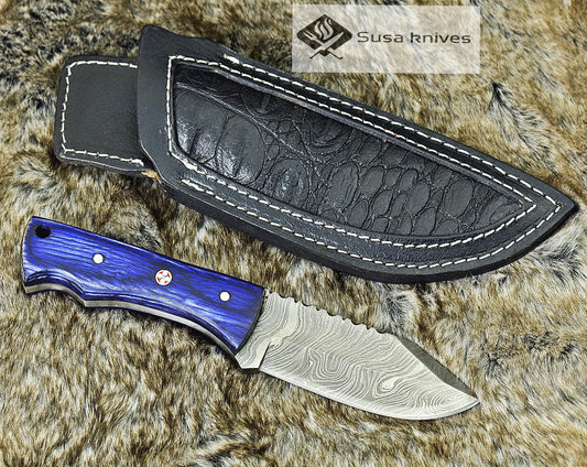 DAMASCUS STEEL SKINNING KNIFE, 8", DAMASCUS STEEL CLIP POINT BLADE, PEKKAWOOD HANDLE, FIXED BLADE, FULL TANG, LANYARD HOLE, HAND STITCHED LEATHER SHEATH, RAZOR SHARP. - SUSA KNIVES