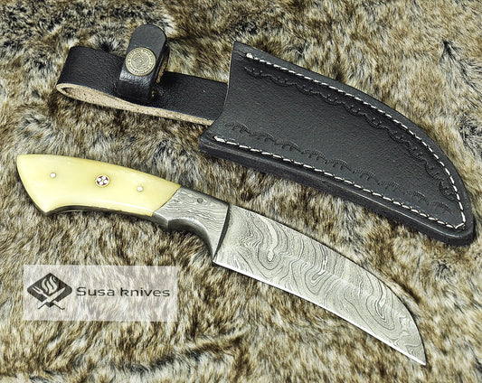 DAMASCUS STEEL KNIFE, 9", DAMASCUS STEEL BLADE, EXOTIC CAMEL BONE HANDLE, DAMASCUS GUARD, BRASS MOSAIC RIVET, FIXED BLADE, FULL TANG, - SUSA KNIVES