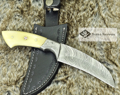DAMASCUS STEEL KNIFE, 9", DAMASCUS STEEL BLADE, EXOTIC CAMEL BONE HANDLE, DAMASCUS GUARD, BRASS MOSAIC RIVET, FIXED BLADE, FULL TANG, - SUSA KNIVES