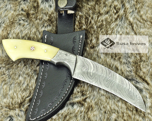 DAMASCUS STEEL KNIFE, 9", DAMASCUS STEEL BLADE, EXOTIC CAMEL BONE HANDLE, DAMASCUS GUARD, BRASS MOSAIC RIVET, FIXED BLADE, FULL TANG, - SUSA KNIVES
