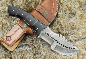 DAMASCUS STEEL HUNTING KNIFE, 9.5", DAMASCUS STEEL TRACKER BLADE, BULL HORN MOSAIC HANDLE, FIXED BLADE, FULL TANG, HAND STITCHED LEATHER SHEATH - SUSA KNIVES