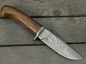 DAMASCUS STEEL BOWIE KNIFE, 10.0", DAMASCUS STEEL STRAIGHT BACK BLADE, HIGHLY FIGURED BOLIVIAN ROSE WOOD, DAMASCUS GUARD, FIXED BLADE, FULL TANG, HAND STITCHED LEATHER SHEATH - SUSA KNIVES