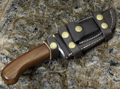 DAMASCUS STEEL BOWIE KNIFE, 10.0", DAMASCUS STEEL STRAIGHT BACK BLADE, HIGHLY FIGURED BOLIVIAN ROSE WOOD, DAMASCUS GUARD, FIXED BLADE, FULL TANG, HAND STITCHED LEATHER SHEATH - SUSA KNIVES