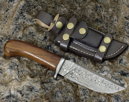 DAMASCUS STEEL BOWIE KNIFE, 10.0", DAMASCUS STEEL STRAIGHT BACK BLADE, HIGHLY FIGURED BOLIVIAN ROSE WOOD, DAMASCUS GUARD, FIXED BLADE, FULL TANG, HAND STITCHED LEATHER SHEATH - SUSA KNIVES