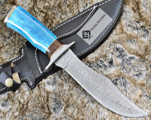 DAMASCUS STEEL BOWIE KNIFE, 12", DAMASCUS STEEL TRAILING POINT BLADE, BOWIE KNIFE , CAMEL BONE HANDLE, DAMASCUS GUARD & POMMEL, FIXED BLADE, FULL TANG - SUSA KNIVES