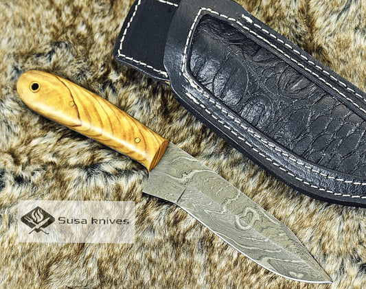 DAMASCUS KNIFE, CUSTOM DAMASCUS STEEL KNIFE, DAMASCUS STEEL CLIP POINT BLADE, 9", EXOTIC OLIVE WOOD HANDLE, LANYARD HOLE, FULL TANG - SUSA KNIVES
