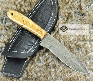 DAMASCUS KNIFE, CUSTOM DAMASCUS STEEL KNIFE, DAMASCUS STEEL CLIP POINT BLADE, 9", EXOTIC OLIVE WOOD HANDLE, LANYARD HOLE, FULL TANG - SUSA KNIVES