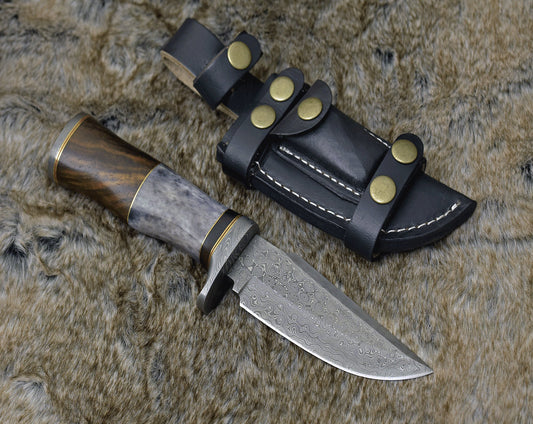 DAMASCUS STEEL BOWIE KNIFE, 10.0", DAMASCUS STEEL STRAIGHT BACK BLADE, HIGHLY FIGURED BOLIVIAN ROSE WOOD, DAMASCUS GUARD, FIXED BLADE, FULL TANG, HAND STITCHED LEATHER SHEATH - SUSA KNIVES