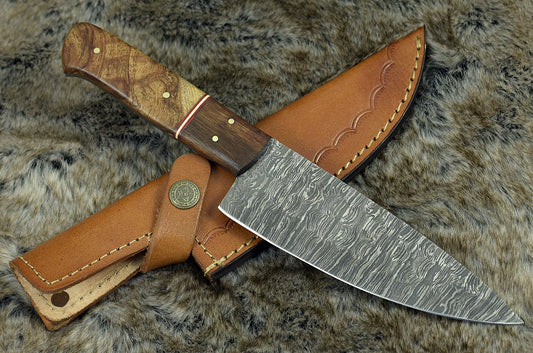 DAMASCUS STEEL PRO CHEF KNIFE, 10.5", DAMASCUS STEEL FRENCH BLADE, EXOTIC MANGO BURL WOOD HANDLE, MOSAIC PIN, CUSTOM FULL TANG FIXED BLADE CHEF'S KNIFE - SUSA KNIVES