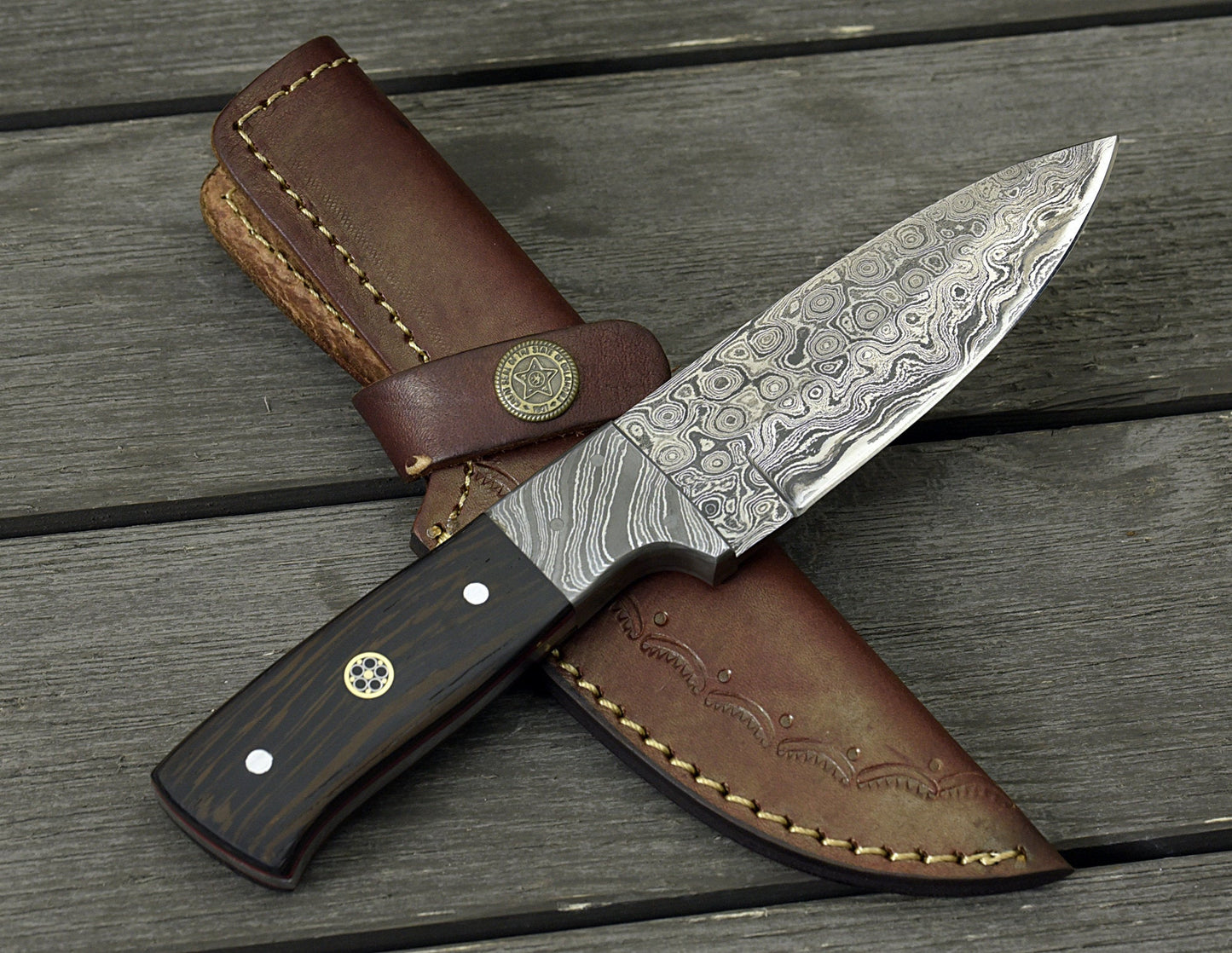 DAMASCUS STEEL SKINNING KNIFE, 8.0", DAMASCUS STEEL DROP POINT BLADE, EXOTIC WENGE WOOD HANDLE, DAMASCUS GUARD, FIXED BLADE, FULL TANG - SUSA KNIVES