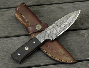 DAMASCUS STEEL SKINNING KNIFE, 8.0", DAMASCUS STEEL DROP POINT BLADE, EXOTIC WENGE WOOD HANDLE, DAMASCUS GUARD, FIXED BLADE, FULL TANG - SUSA KNIVES