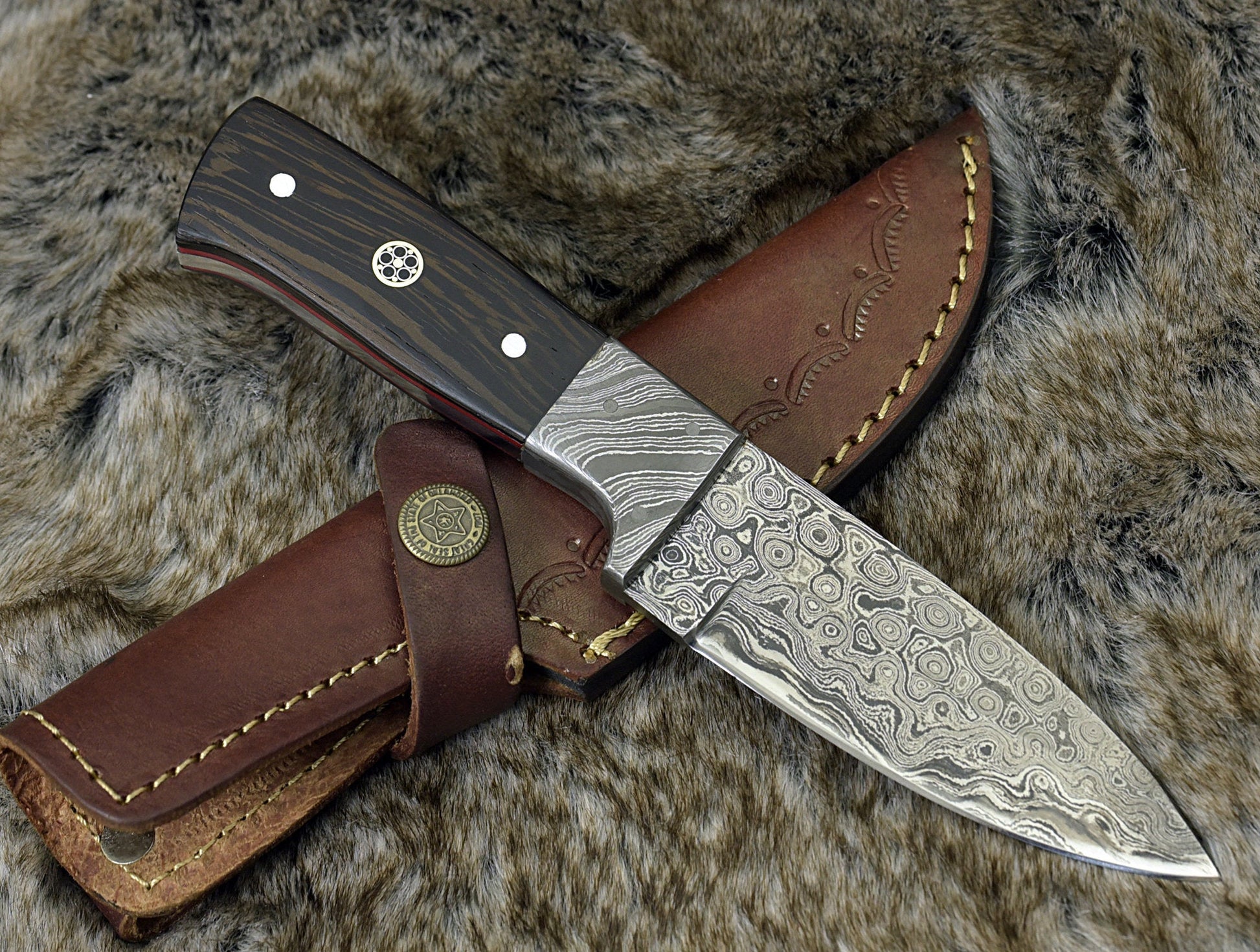 DAMASCUS STEEL SKINNING KNIFE, 8.0", DAMASCUS STEEL DROP POINT BLADE, EXOTIC WENGE WOOD HANDLE, DAMASCUS GUARD, FIXED BLADE, FULL TANG - SUSA KNIVES