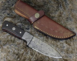 DAMASCUS STEEL SKINNING KNIFE, 8.0", DAMASCUS STEEL DROP POINT BLADE, EXOTIC WENGE WOOD HANDLE, DAMASCUS GUARD, FIXED BLADE, FULL TANG - SUSA KNIVES