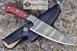 DAMASCUS STEEL PRO CHEF UTILITY PAIRING KNIFE, 10.5", DAMASCUS STEEL DROP POINT BLADE, EXOTIC PADAUK WOOD HANDLE, FIXED BLADE, FULL TANG - SUSA KNIVES