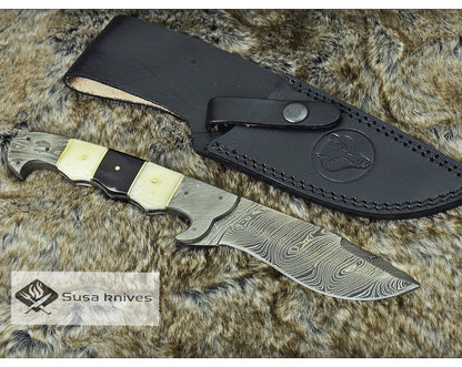 DAMASCUS KNIFE, DAMASCUS STEEL HUNTING KNIFE, 10", DAMASCUS STEEL KUKRI BLADE, EXOTIC CAMEL BONE & BULL HORN KOPESH HANDLE, FIXED BLADE, INCLUDES HAND STITCHED SHEATH - SUSA KNIVES