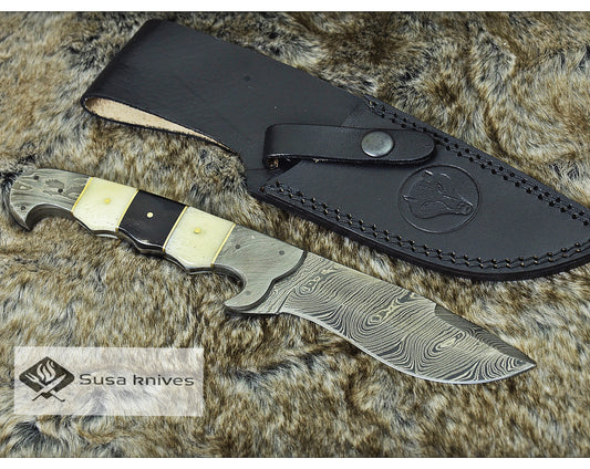 DAMASCUS KNIFE, DAMASCUS STEEL HUNTING KNIFE, 10", DAMASCUS STEEL KUKRI BLADE, EXOTIC CAMEL BONE & BULL HORN KOPESH HANDLE, FIXED BLADE, INCLUDES HAND STITCHED SHEATH - SUSA KNIVES