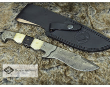 Load image into Gallery viewer, DAMASCUS KNIFE, DAMASCUS STEEL HUNTING KNIFE, 10&quot;, DAMASCUS STEEL KUKRI BLADE, EXOTIC CAMEL BONE &amp; BULL HORN KOPESH HANDLE, FIXED BLADE, INCLUDES HAND STITCHED SHEATH - SUSA KNIVES
