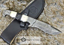 Load image into Gallery viewer, DAMASCUS KNIFE, DAMASCUS STEEL HUNTING KNIFE, 10&quot;, DAMASCUS STEEL KUKRI BLADE, EXOTIC CAMEL BONE &amp; BULL HORN KOPESH HANDLE, FIXED BLADE, INCLUDES HAND STITCHED SHEATH - SUSA KNIVES

