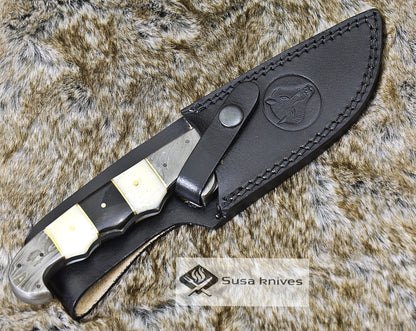 DAMASCUS KNIFE, DAMASCUS STEEL HUNTING KNIFE, 10", DAMASCUS STEEL KUKRI BLADE, EXOTIC CAMEL BONE & BULL HORN KOPESH HANDLE, FIXED BLADE, INCLUDES HAND STITCHED SHEATH - SUSA KNIVES