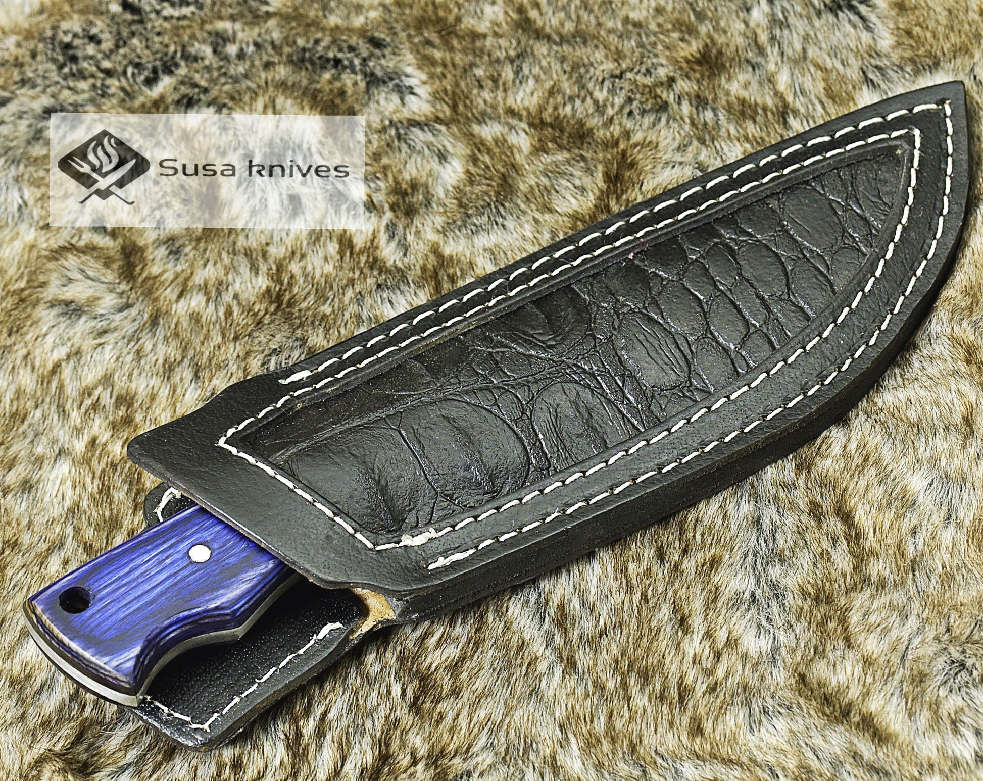 DAMASCUS STEEL SKINNING KNIFE, 8", DAMASCUS STEEL CLIP POINT BLADE, PEKKAWOOD HANDLE, FIXED BLADE, FULL TANG, LANYARD HOLE, HAND STITCHED LEATHER SHEATH, RAZOR SHARP. - SUSA KNIVES