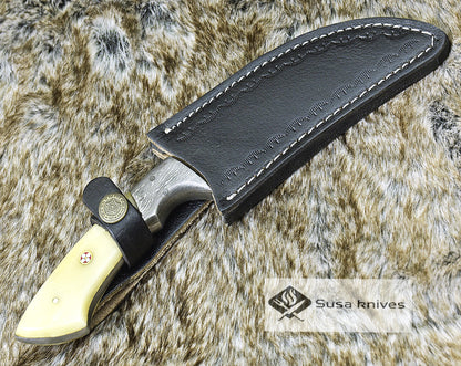 DAMASCUS STEEL KNIFE, 9", DAMASCUS STEEL BLADE, EXOTIC CAMEL BONE HANDLE, DAMASCUS GUARD, BRASS MOSAIC RIVET, FIXED BLADE, FULL TANG, - SUSA KNIVES