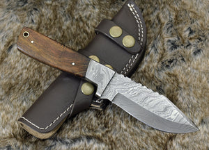 DAMASCUS KNIFE, DAMASCUS STEEL SKINNING KNIFE, 9", DAMASCUS STEEL CLIP POINT BLADE, EXOTIC ROSE WOOD HANDLE, FIXED BLADE, INCLUDES HAND STITCHED SHEATH - SUSA KNIVES