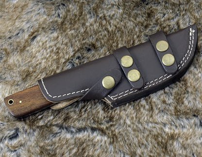 DAMASCUS KNIFE, DAMASCUS STEEL SKINNING KNIFE, 9", DAMASCUS STEEL CLIP POINT BLADE, EXOTIC ROSE WOOD HANDLE, FIXED BLADE, INCLUDES HAND STITCHED SHEATH - SUSA KNIVES