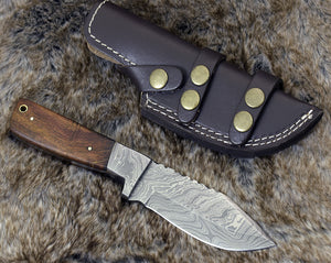 DAMASCUS KNIFE, DAMASCUS STEEL SKINNING KNIFE, 9", DAMASCUS STEEL CLIP POINT BLADE, EXOTIC ROSE WOOD HANDLE, FIXED BLADE, INCLUDES HAND STITCHED SHEATH - SUSA KNIVES