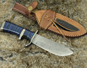 DAMASCUS KNIFE, DAMASCUS STEEL HUNTING KNIFE, 9", DAMASCUS STEEL CLIP POINT BLADE, G10 FIBER COMPOSITE HANDLE, FIXED BLADE, HUNTING KNIFE, CUSTOM LEATHER SHEATH - SUSA KNIVES