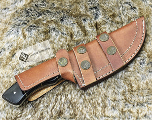 DAMASCUS STEEL HUNTING KNIFE, 9.5", DAMASCUS STEEL TRACKER BLADE, BULL HORN MOSAIC HANDLE, FIXED BLADE, FULL TANG, HAND STITCHED LEATHER SHEATH - SUSA KNIVES