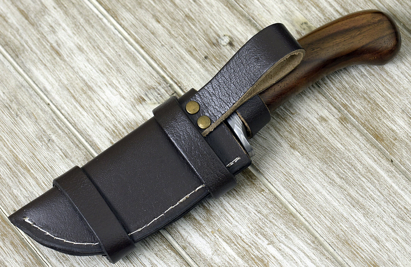DAMASCUS STEEL BOWIE KNIFE, 10.0", DAMASCUS STEEL STRAIGHT BACK BLADE, HIGHLY FIGURED BOLIVIAN ROSE WOOD, DAMASCUS GUARD, FIXED BLADE, FULL TANG, HAND STITCHED LEATHER SHEATH - SUSA KNIVES