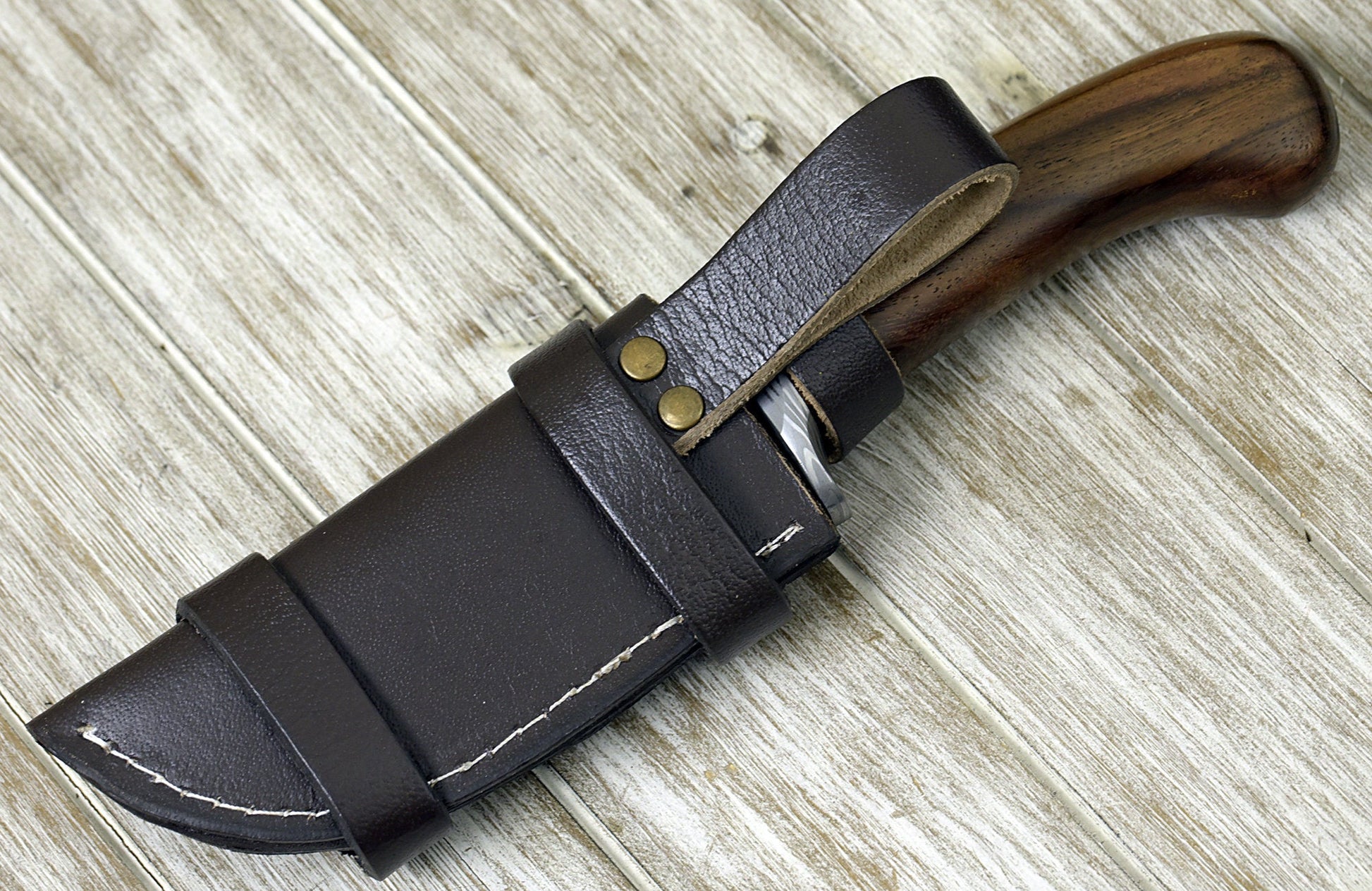DAMASCUS STEEL BOWIE KNIFE, 10.0", DAMASCUS STEEL STRAIGHT BACK BLADE, HIGHLY FIGURED BOLIVIAN ROSE WOOD, DAMASCUS GUARD, FIXED BLADE, FULL TANG, HAND STITCHED LEATHER SHEATH - SUSA KNIVES