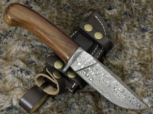 Load image into Gallery viewer, DAMASCUS STEEL BOWIE KNIFE, 10.0&quot;, DAMASCUS STEEL STRAIGHT BACK BLADE, HIGHLY FIGURED BOLIVIAN ROSE WOOD, DAMASCUS GUARD, FIXED BLADE, FULL TANG, HAND STITCHED LEATHER SHEATH - SUSA KNIVES
