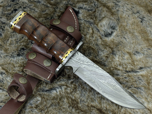 DAMASCUS STEEL BOWIE KNIFE, 11.0", DAMASCUS STEEL CLIP POINT BLADE, HIGHLY FIGURED BOLIVIAN ROSE WOOD HANDLE, DAMASCUS GUARD, FIXED BLADE, FULL TANG, HAND STITCHED LEATHER SHEATH - SUSA KNIVES