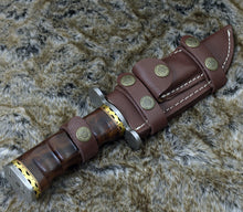 Load image into Gallery viewer, DAMASCUS STEEL BOWIE KNIFE, 11.0&quot;, DAMASCUS STEEL CLIP POINT BLADE, HIGHLY FIGURED BOLIVIAN ROSE WOOD HANDLE, DAMASCUS GUARD, FIXED BLADE, FULL TANG, HAND STITCHED LEATHER SHEATH - SUSA KNIVES
