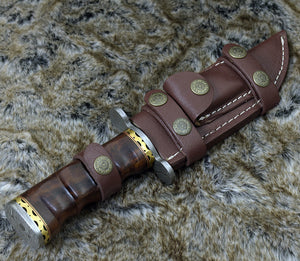 DAMASCUS STEEL BOWIE KNIFE, 11.0", DAMASCUS STEEL CLIP POINT BLADE, HIGHLY FIGURED BOLIVIAN ROSE WOOD HANDLE, DAMASCUS GUARD, FIXED BLADE, FULL TANG, HAND STITCHED LEATHER SHEATH - SUSA KNIVES