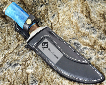 DAMASCUS STEEL BOWIE KNIFE, 12", DAMASCUS STEEL TRAILING POINT BLADE, BOWIE KNIFE , CAMEL BONE HANDLE, DAMASCUS GUARD & POMMEL, FIXED BLADE, FULL TANG - SUSA KNIVES
