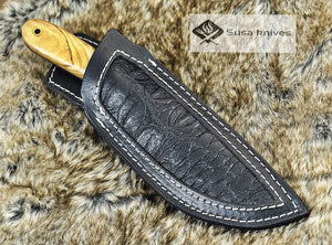 DAMASCUS KNIFE, CUSTOM DAMASCUS STEEL KNIFE, DAMASCUS STEEL CLIP POINT BLADE, 9", EXOTIC OLIVE WOOD HANDLE, LANYARD HOLE, FULL TANG - SUSA KNIVES